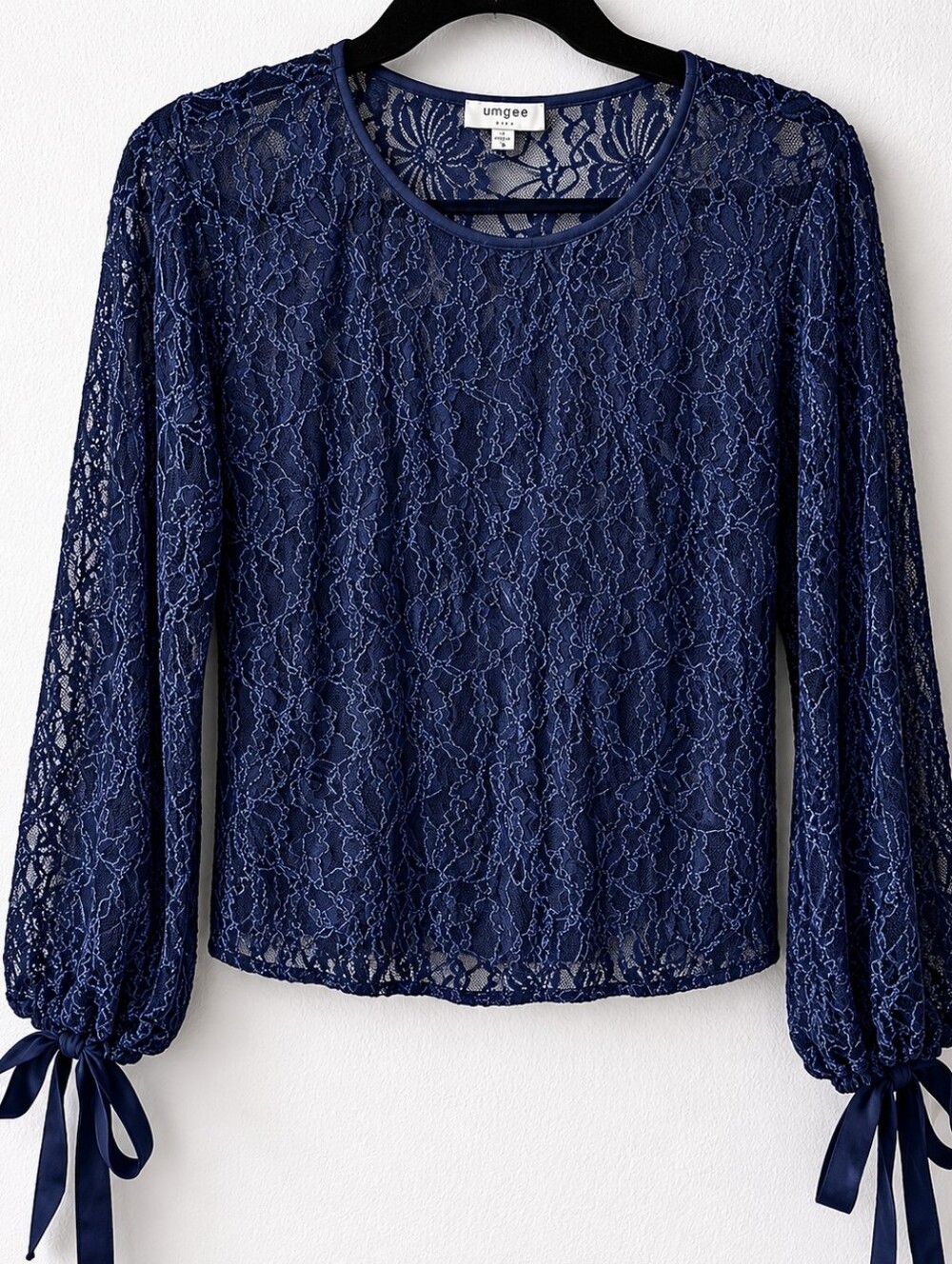 Umgee Navy Floral Lace Long-Sleeve Tie Cuff Blouse Size L
